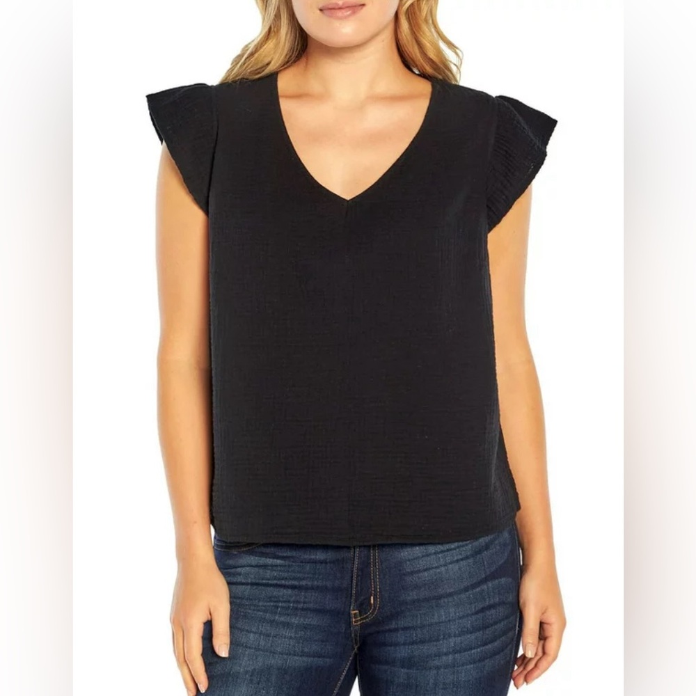 Three Dots Women's Short Sleeve V-Neck Double Layer Cotton Gauze Shirt